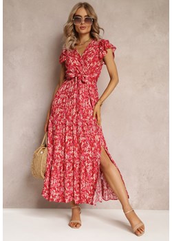 Czerwona Rozkloszowana Sukienka z Gumką w Talii i Falbanką Samat ze sklepu Renee odzież w kategorii Sukienki - zdjęcie 161055887