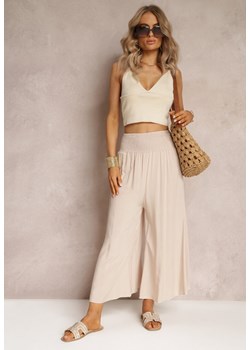 Jasnobeżowe Szerokie Spodnie High Waist o Długości 7/8 Rathi ze sklepu Renee odzież w kategorii Spodnie damskie - zdjęcie 161059557