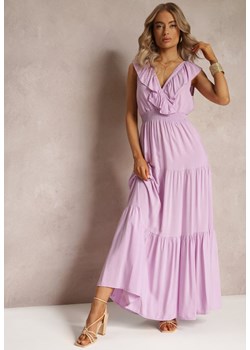 Fioletowa Rozkloszowana Sukienka Maxi z Gumką w Talii i Falbanką Laylani ze sklepu Renee odzież w kategorii Sukienki - zdjęcie 161060418