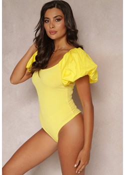 Żółte Body z Prążkowanej Tkaniny i Ozdobnymi Bufiastymi Rękawami Lenitte ze sklepu Renee odzież w kategorii Bluzki damskie - zdjęcie 161060577