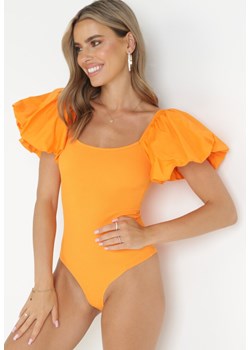 Pomarańczowe Prążkowane Body z Bufiastymi Rękawami Darcis ze sklepu Born2be Odzież w kategorii Bluzki damskie - zdjęcie 161061057