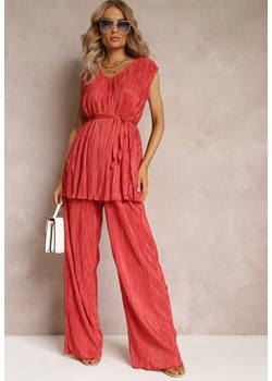 Czerwony Plisowany 2-Częściowy Komplet Bluzka z Materiałowym Paskiem oraz Szerokie Długie Spodnie Lasion ze sklepu Renee odzież w kategorii Komplety i garnitury damskie - zdjęcie 161094886