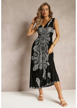Czarna Długa Sukienka z Wzorem Boho Sznurkami na Ramionach i Gumką w Pasie Hideni ze sklepu Renee odzież w kategorii Sukienki - zdjęcie 161186668