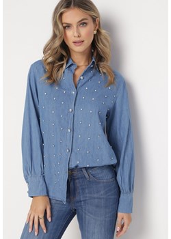Niebieska Jeansowa Bawełniana Koszula w Cyrkonie z Kołnierzem Morenes ze sklepu Born2be Odzież w kategorii Koszule damskie - zdjęcie 161189948