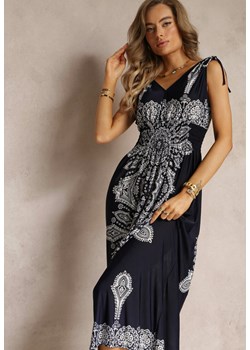 Granatowa Długa Sukienka z Wzorem Boho Sznurkami na Ramionach i Gumką w Pasie Hideni ze sklepu Renee odzież w kategorii Sukienki - zdjęcie 161196607