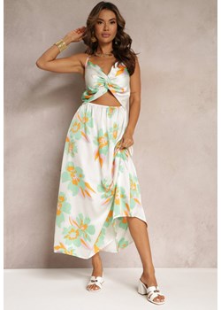 Biało-Zielona Sukienka Maxi z Wycięciem na Brzuchu i Gumką w Pasie Rlice ze sklepu Renee odzież w kategorii Sukienki - zdjęcie 161200628