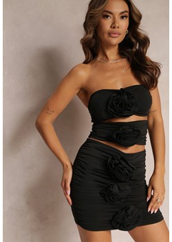 Czarna Marszczona Dopasowana Sukienka Mini z Ozdobnymi Kwiatami Bez Ramiączek Sherid ze sklepu Renee odzież w kategorii Sukienki - zdjęcie 161200638