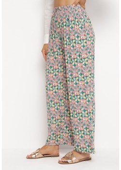 Zielono-Różowe Szerokie Spodnie z Gumką w Pasie i Kieszeniami z Wiskozy Keiord ze sklepu Born2be Odzież w kategorii Spodnie damskie - zdjęcie 161200917