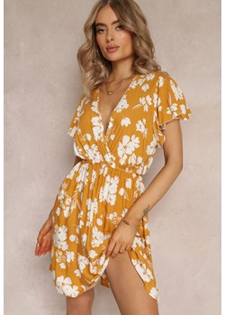 Żółta Sukienka Mini z Wiskozy w Kwiaty i Kopertowym Dekoltem Irimette ze sklepu Renee odzież w kategorii Sukienki - zdjęcie 161223376