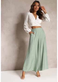 Zielone Luźne Spodnie z Szeroką Nogawką i Kieszeniami Cordya ze sklepu Renee odzież w kategorii Spodnie damskie - zdjęcie 161230509