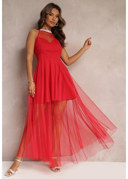Czerwona Maxi Sukienka o Rozkloszowanym Fasonie z Długim Tiulem i Ozdobnymi Cyrkoniami Amorah ze sklepu Renee odzież w kategorii Sukienki - zdjęcie 161235575