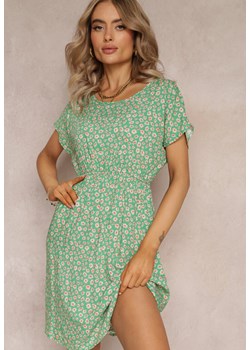 Zielona Rozkloszowana Sukienka Mini w Kwiaty z Gumką w Pasie z Wiskozy Elineano ze sklepu Renee odzież w kategorii Sukienki - zdjęcie 161246339