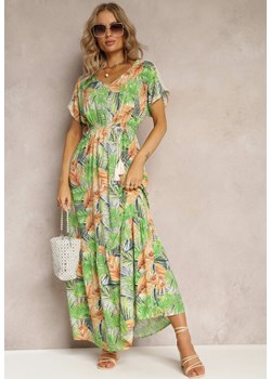 Zielono-Pomarańczowa Maxi Sukienka z Wiskozy w Kwiatowy Print ze Sznurkiem w Talii Anukka ze sklepu Renee odzież w kategorii Sukienki - zdjęcie 161274275