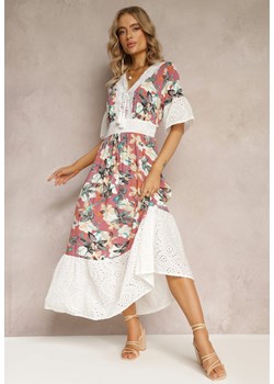 Ciemnoróżowa Rozkloszowana Sukienka w Kwiaty z Haftowanymi Falbankami Omuna ze sklepu Renee odzież w kategorii Sukienki - zdjęcie 161274285