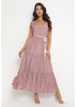 Różowa Rozkloszowana Sukienka Maxi z Plecionym Sznurkiem w Talii Ralica ze sklepu Born2be Odzież w kategorii Sukienki - zdjęcie 161280968