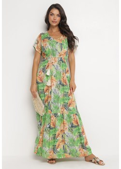 Zielono-Pomarańczowa Wiskozowa Maxi Sukienka w Kwiaty Wiązana Sznurkiem Asmenna ze sklepu Born2be Odzież w kategorii Sukienki - zdjęcie 161281028