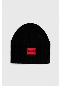 HUGO czapka wełniana kolor czarny z cienkiej dzianiny wełniana ze sklepu ANSWEAR.com w kategorii Czapki zimowe męskie - zdjęcie 161289468