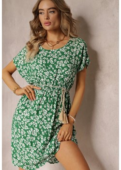 Zielona Wiskozowa Mini Sukienka w Kwiatowy Print z Gumką w Pasie Frolia ze sklepu Renee odzież w kategorii Sukienki - zdjęcie 161290125