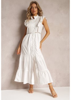 Biała Maxi Sukienka o Rozkloszowanym Fasonie z Zapięciem na Guziki i Haftami Adriyah ze sklepu Renee odzież w kategorii Sukienki - zdjęcie 161311386