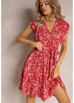 Czerwona Rozkloszowana Midi Sukienka w Kwiaty z Wiskozy Ściągana w Talii Gumką Anicolas ze sklepu Renee odzież w kategorii Sukienki - zdjęcie 161311416