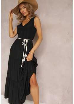 Czarna Sukienka Maxi o Rozkloszowanym Fasonie z Ozdobnym Sznurkiem i Trójkątnym Dekoltem Zornitsa ze sklepu Renee odzież w kategorii Sukienki - zdjęcie 161311426