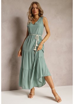 Zielona Sukienka Maxi o Rozkloszowanym Fasonie z Ozdobnym Sznurkiem i Trójkątnym Dekoltem Zornitsa ze sklepu Renee odzież w kategorii Sukienki - zdjęcie 161311436