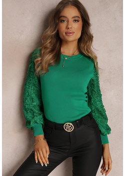 Zielony Sweter z Bufiastym Ażurowym Rękawem Fenavy ze sklepu Renee odzież w kategorii Swetry damskie - zdjęcie 161322195