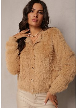 Ciemnobeżowy Sweter Kardigan na Guziki z Długim Włosem Kiomma ze sklepu Renee odzież w kategorii Swetry damskie - zdjęcie 161331666