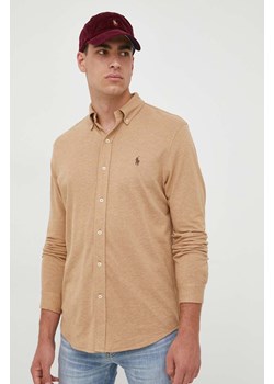 Polo Ralph Lauren koszula bawełniana męska kolor beżowy regular z kołnierzykiem button-down ze sklepu ANSWEAR.com w kategorii Koszule męskie - zdjęcie 161332156