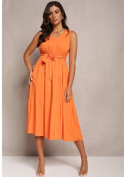 Pomarańczowa Wiązana Sukienka Midi bez Rękawów z Gumką w Talii Mideyo ze sklepu Renee odzież w kategorii Sukienki - zdjęcie 161349477