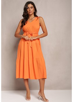 Pomarańczowa Wiązana Sukienka Midi bez Rękawów z Gumką w Talii Mideyo ze sklepu Renee odzież w kategorii Sukienki - zdjęcie 161349478