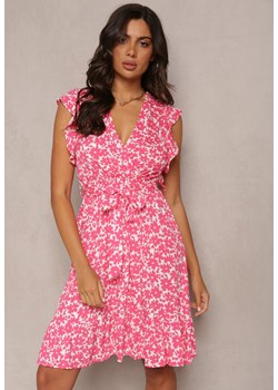 Różowa Rozkloszowana Sukienka Midi z Falbanką Ethote ze sklepu Renee odzież w kategorii Sukienki - zdjęcie 161349487