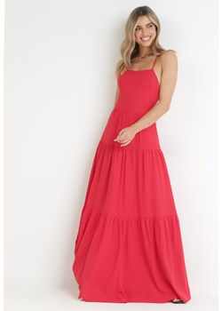 Czerwona Maxi Sukienka na Cienkich Ramiączkach z Wiązaniem na Tyle Ozdobiona Falbankami Beatrics ze sklepu Born2be Odzież w kategorii Sukienki - zdjęcie 161379495