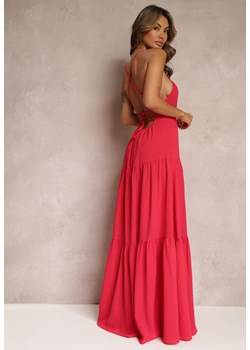 Czerwona Rozkloszowana Maxi Sukienka z Falbankami i Wiązaniem na Tyle Karins ze sklepu Renee odzież w kategorii Sukienki - zdjęcie 161379627