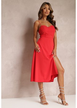Czerwona Rozkloszowana Sukienka Midi z Rozcięciem na Ramiączkach Josine ze sklepu Renee odzież w kategorii Sukienki - zdjęcie 161379637