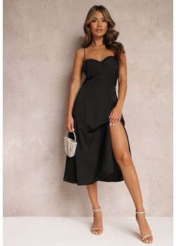 Czarna Rozkloszowana Sukienka Midi z Rozcięciem na Ramiączkach Josine ze sklepu Renee odzież w kategorii Sukienki - zdjęcie 161379647