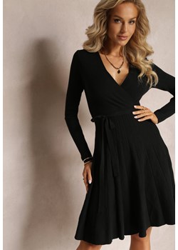 Czarna Midi Rozkloszowana Sukienka z Dzianinowej Tkaniny z Materiałowym Paskiem Franziska ze sklepu Renee odzież w kategorii Sukienki - zdjęcie 161420558