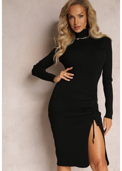 Czarna Sweterkowa Sukienka Midi z Rozcięciem Ściąganym Troczkiem i Golfem Amione ze sklepu Renee odzież w kategorii Sukienki - zdjęcie 161438638