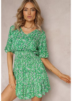 Zielona Rozkloszowana Sukienka Mini z Wiskozy Ozdobiona Falbanką z Gumką w Talii Etase ze sklepu Renee odzież w kategorii Sukienki - zdjęcie 161471187