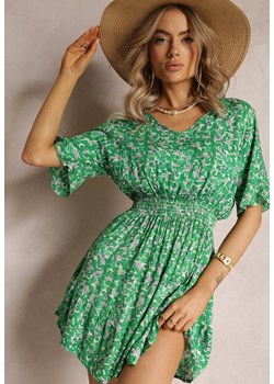 Zielona Rozkloszowana Sukienka Mini z Wiskozy Ozdobiona Falbanką z Gumką w Talii Etase ze sklepu Renee odzież w kategorii Sukienki - zdjęcie 161471189