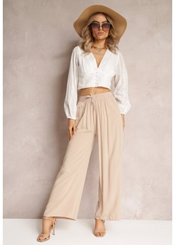 Beżowe Szerokie Spodnie z Gumką i Wiązaniem w Pasie Gamina ze sklepu Renee odzież w kategorii Spodnie damskie - zdjęcie 161471379
