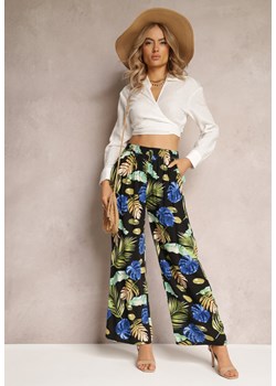 Czarne Spodnie z Roślinnym Wzorem z Gumką w Talii Karlita ze sklepu Renee odzież w kategorii Spodnie damskie - zdjęcie 161471499