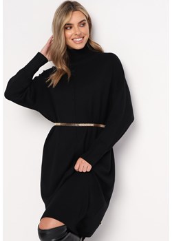Czarna Pudełkowa Sukienka Sweterkowa z Golfem i Paskiem Idanekka ze sklepu Born2be Odzież w kategorii Sukienki - zdjęcie 161554578