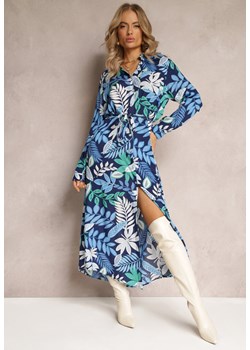 Granatowa Sukienka Maxi z Wiskozy w Kwiatowy Print o Koszulowym Fasonie z Paskiem Carolles ze sklepu Renee odzież w kategorii Sukienki - zdjęcie 161561546