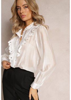 Biała Koszula na Guziki z Ozdobną Koronką Raneem ze sklepu Renee odzież w kategorii Koszule damskie - zdjęcie 161561605