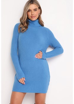 Niebieska Pudełkowa Sukienka Mini z Prążkowanej Dzianiny i Golfem Rigatte ze sklepu Born2be Odzież w kategorii Sukienki - zdjęcie 161603519