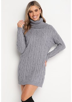 Ciemnoszara Sweterkowa Mini Sukienka z Szerokim Golfem i Ściągaczami Patricime ze sklepu Born2be Odzież w kategorii Sukienki - zdjęcie 161633518
