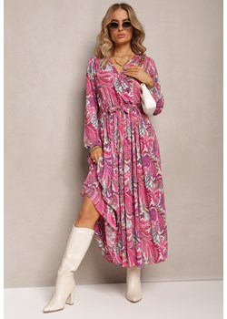 Ciemnoróżowa Plisowana Sukienka z Kopertowym Dekoltem i Wzorem Paisley Olanetta ze sklepu Renee odzież w kategorii Sukienki - zdjęcie 161633657