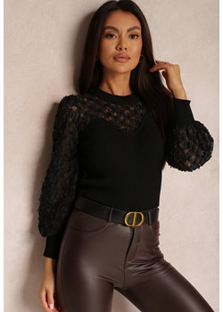 Czarny Sweter z Prążkowanej Dzianiny z Koronką Ule ze sklepu Renee odzież w kategorii Swetry damskie - zdjęcie 161636269