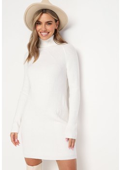 Biała Pudełkowa Sukienka Mini z Prążkowanej Dzianiny i Golfem Rigatte ze sklepu Born2be Odzież w kategorii Sukienki - zdjęcie 161639007
